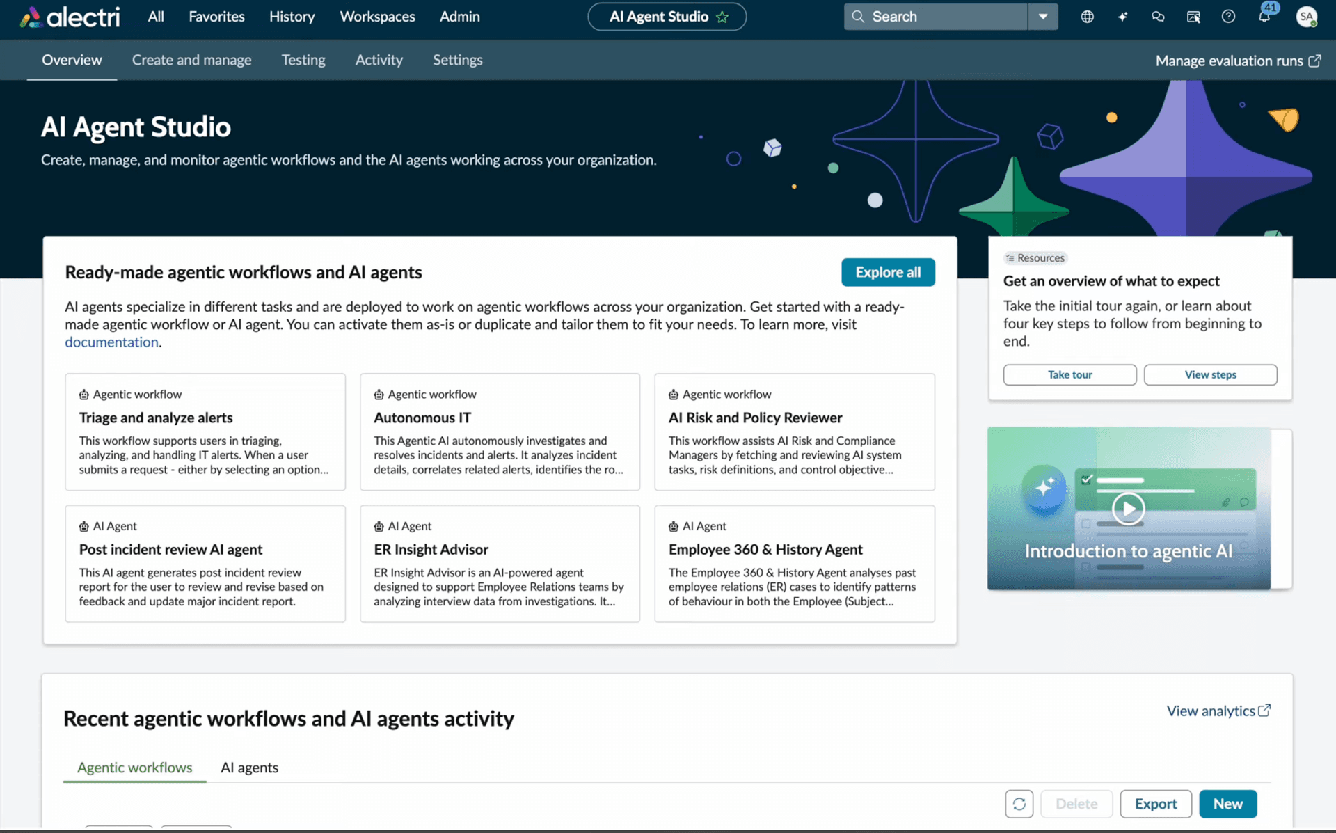 AI Agent Studio landing page showing ready-made agentic workflows