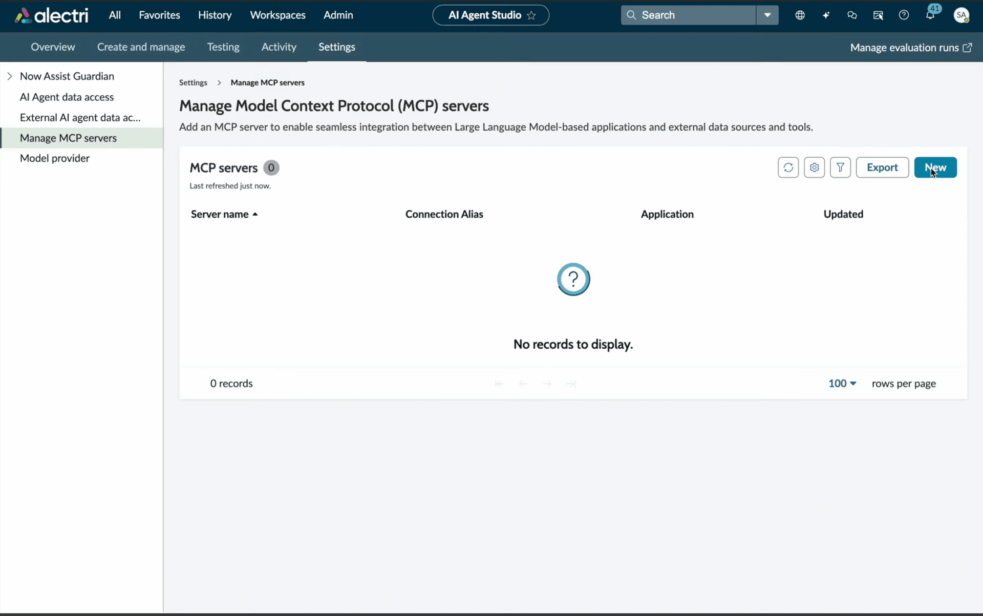 Settings page showing Manage MCP servers with empty state