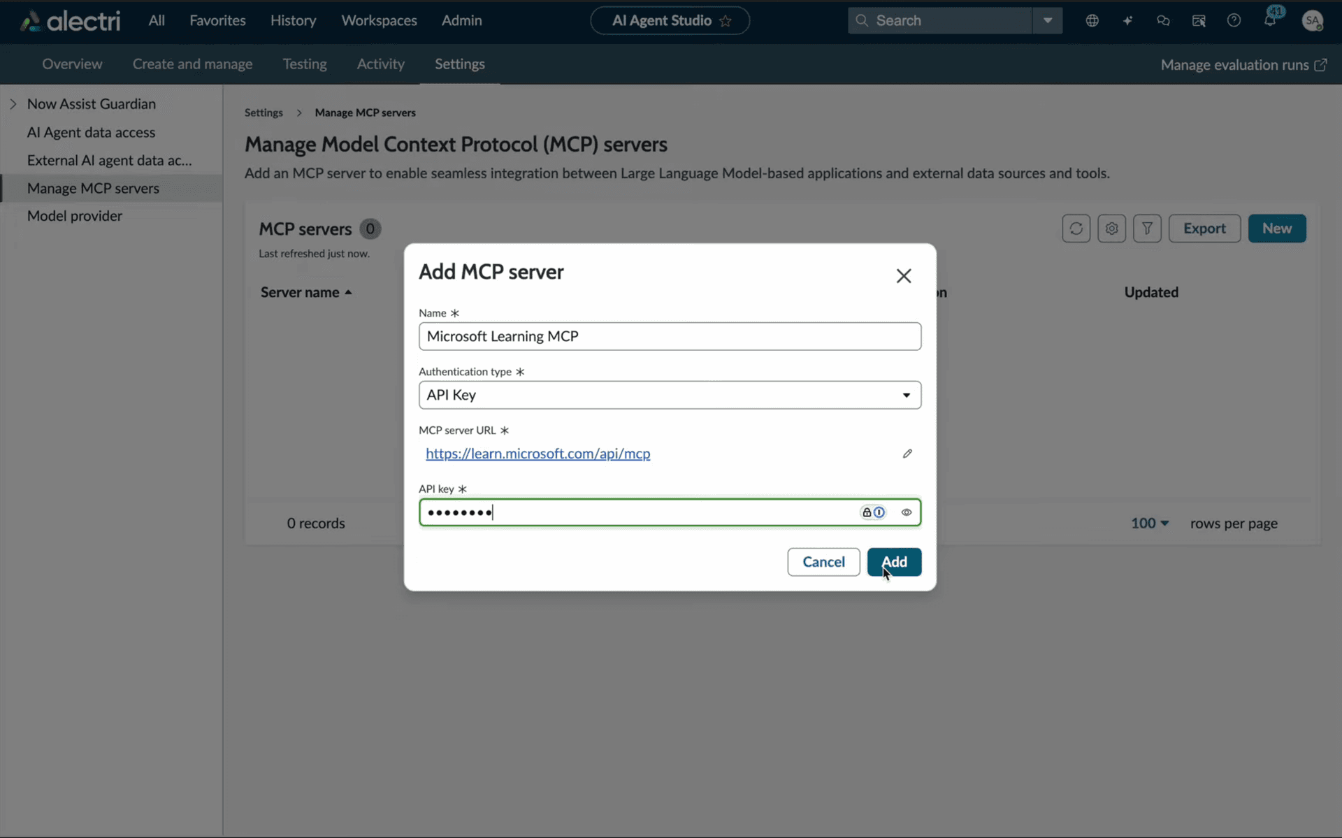 Add MCP server dialog with Name, Authentication type, MCP server URL, and API key fields
