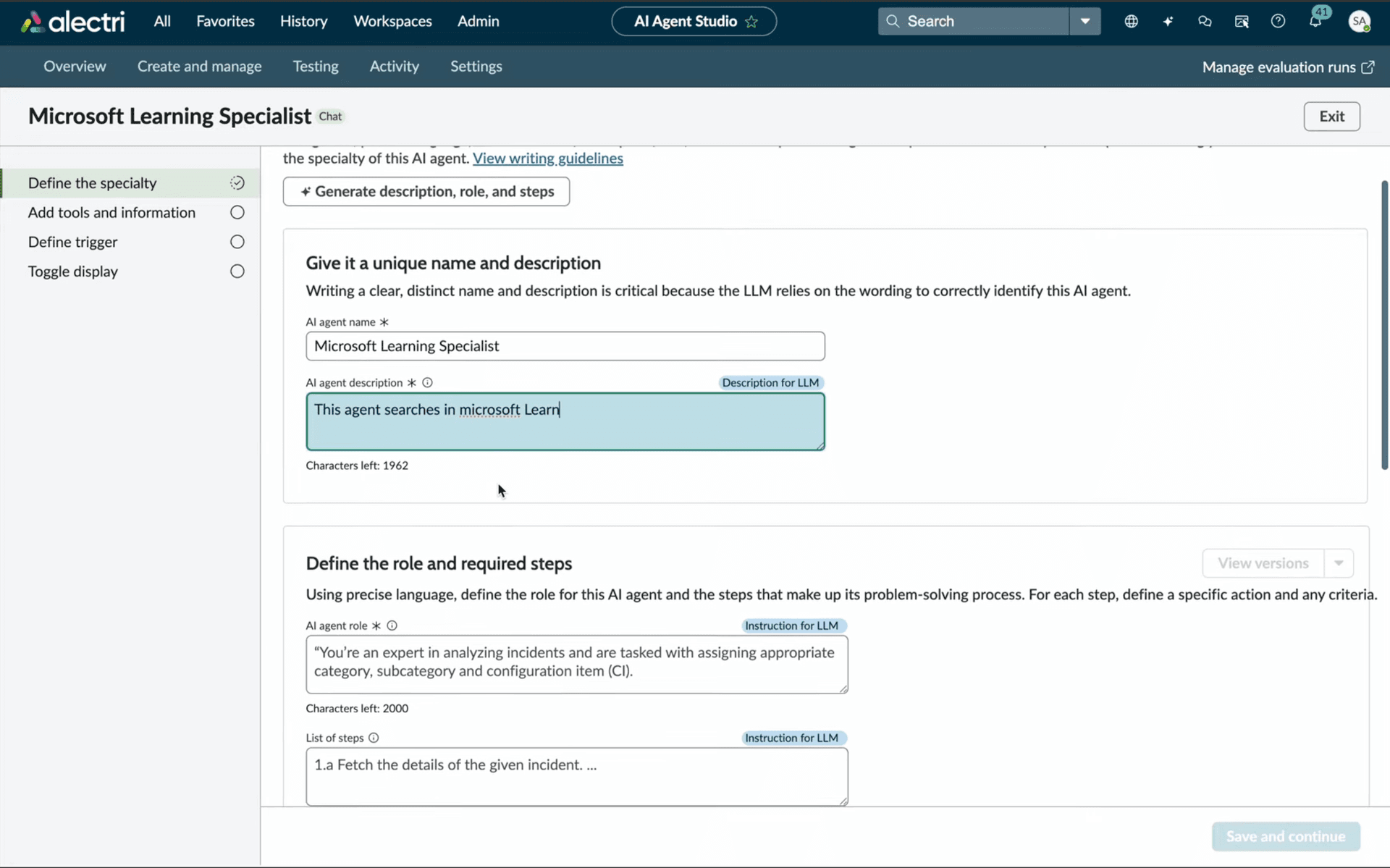 AI Agent specialty configuration — name, description, role, and steps