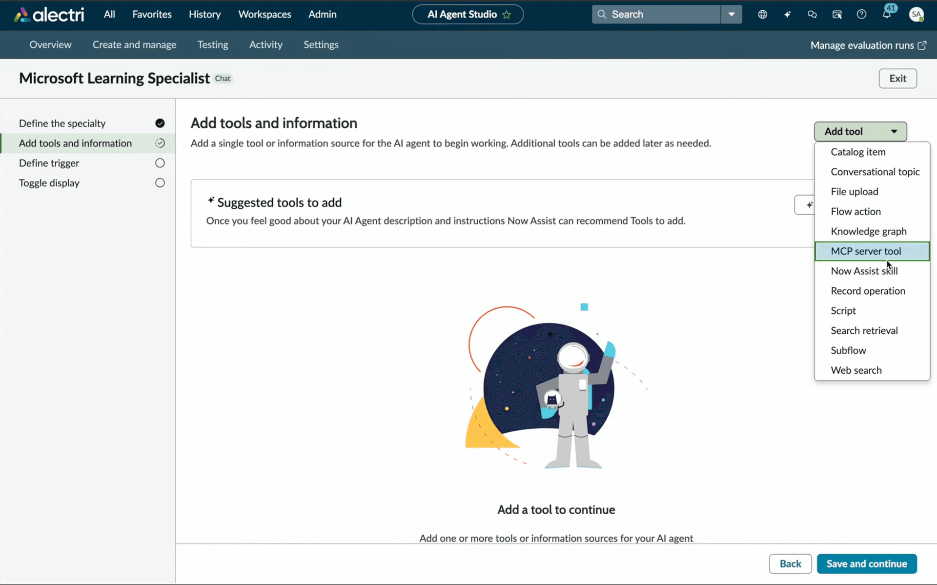 Add tool dropdown showing MCP server tool option highlighted