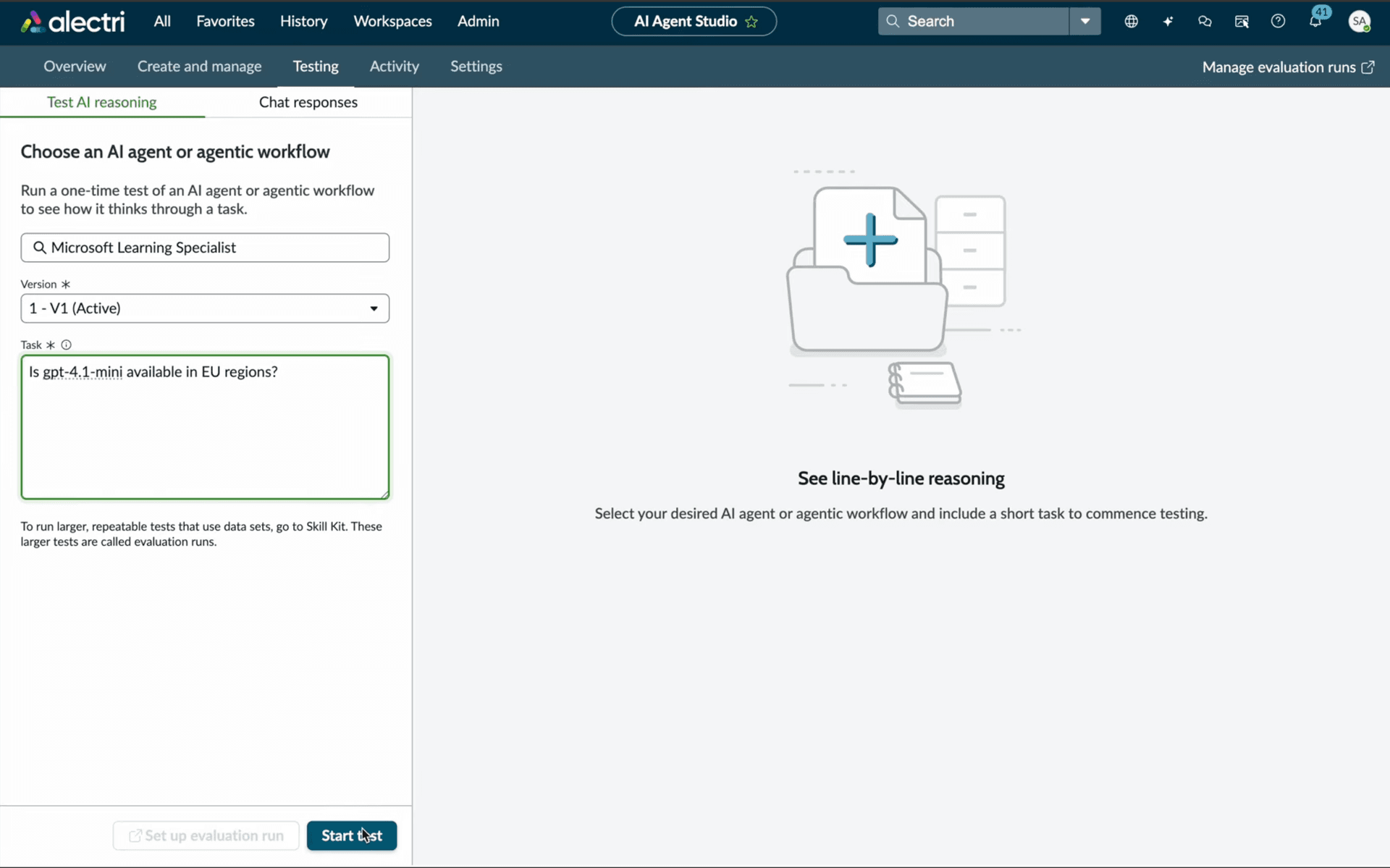 Testing tab — Test AI reasoning with task input field