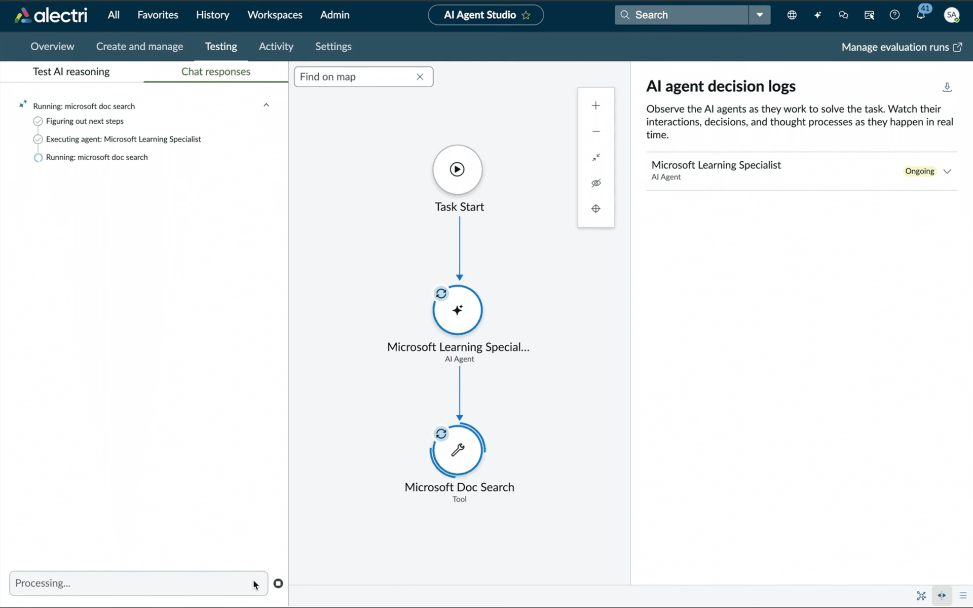 Agent decision logs showing live execution graph — Task Start to Agent to Tool